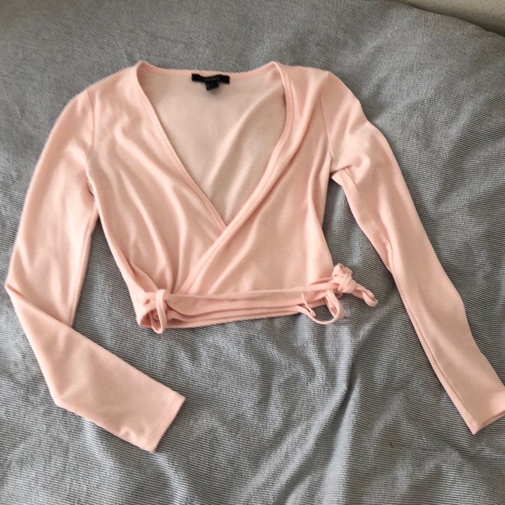 Baby Pink Ribbed Long Sleeve Wrap Tie Top